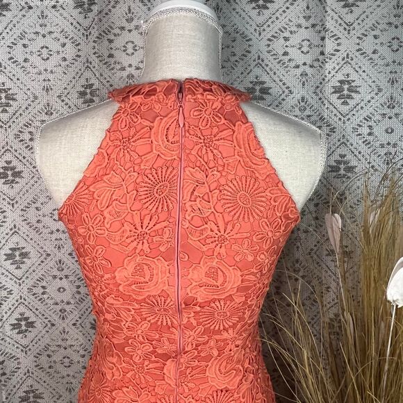 Lulus Orange Crochet Lace Halter Mini Dress Floral Overlay Bodycon Cocktail XS - Picture 3 of 6